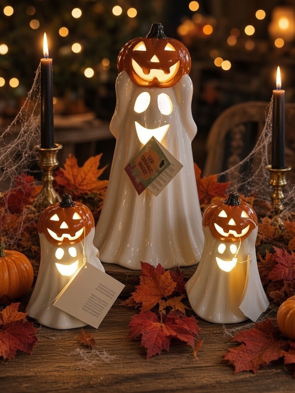 Booville LED Ceramic Ghost with Pumpkin. Set of 3